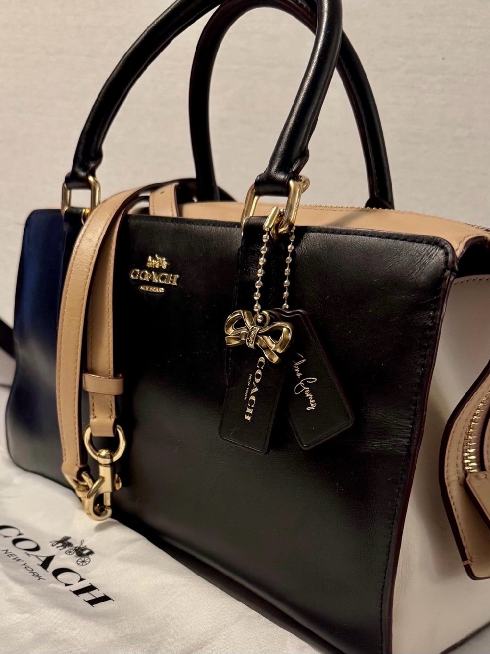Coach Black and Tan Colorblock Leather Satchel with Gold Hardware